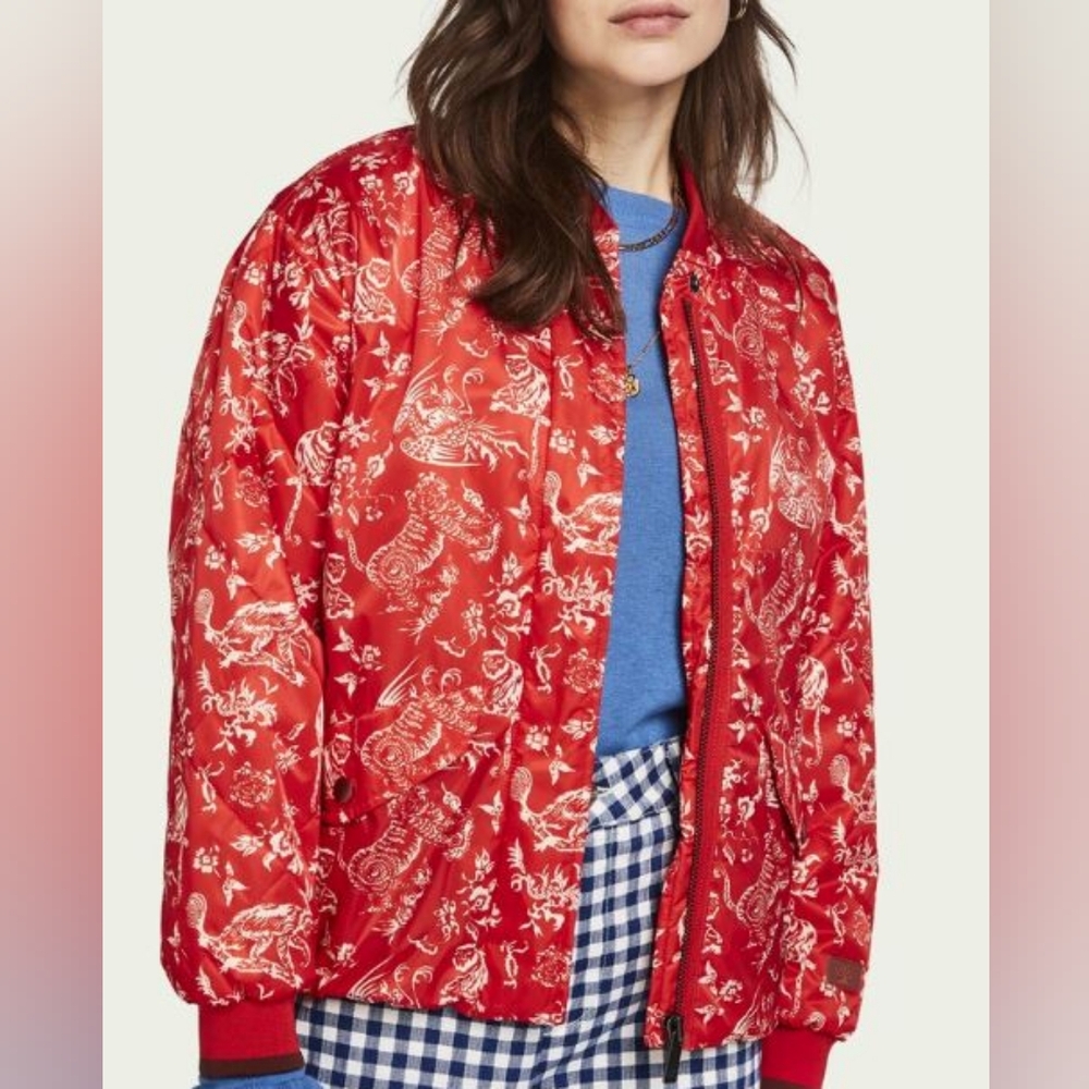 Scotch & Soda Red Floral-Print Satin Bomber Jacket